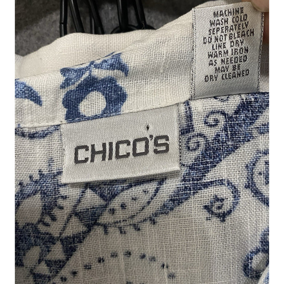 Chicos Linen Top Shirt Womens Sz 2‎ US 12 White Blue Paisley Floral Roll Tab - Picture 4 of 7